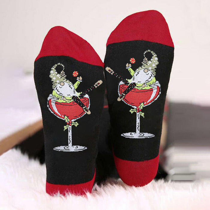 Christmas Gnome Wine Glass Crew Socks