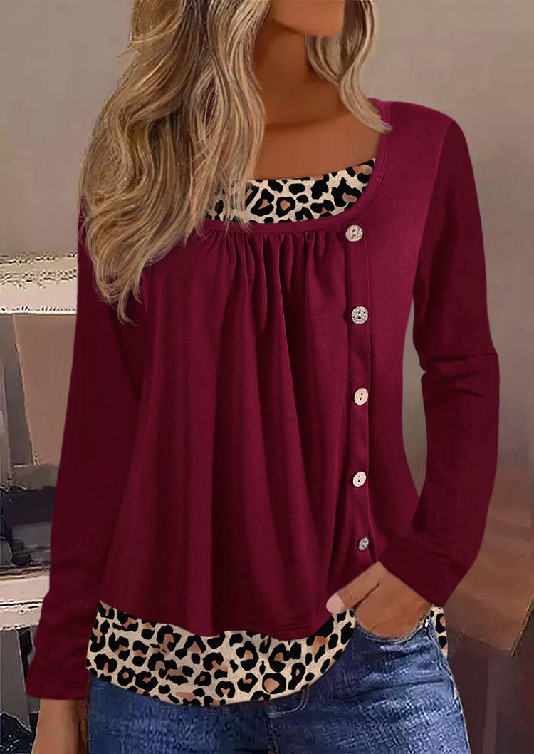 

Blouses Leopard Ruffled Button Fake Two-Piece Blouse - Burgundy in Red. Size: L,M,,XL