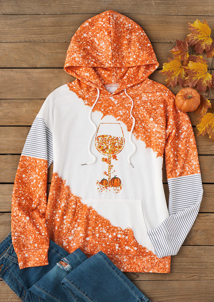 

Hoodies Autumn Essentials Thanksgiving Wine Glass Pumpkin Striped Glitter Kangaroo Pocket Hoodie in Multicolor. Size: L,M,,XL