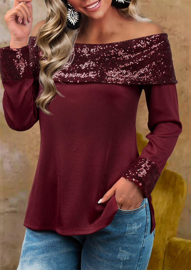 

Blouses Sequined Off Shoulder Ribbed Slit Hem Blouse - Burgundy in Red. Size: L,M,,XL