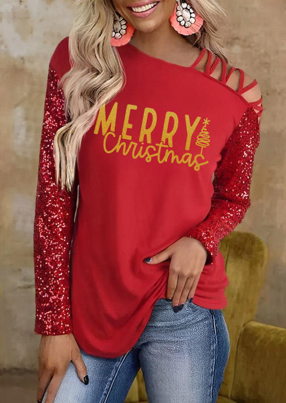 Merry Christmas Sequined One Sided Cold Shoulder Blouse - Red