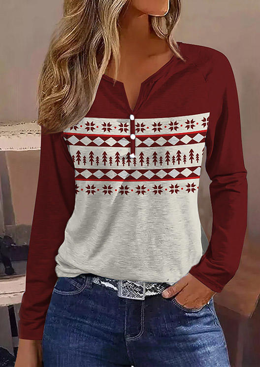 Geometric Tree Button Long Sleeve Blouse - Burgundy