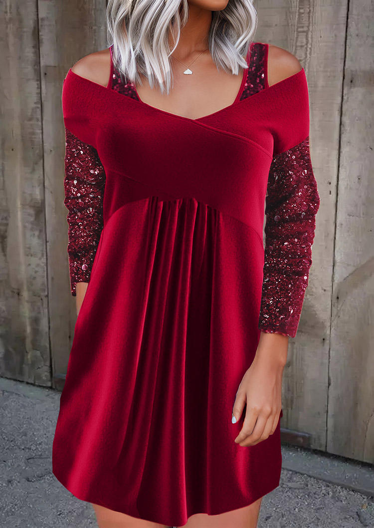 Christmas Sequined Ruffled Cold Shoulder Mini Dress - Red
