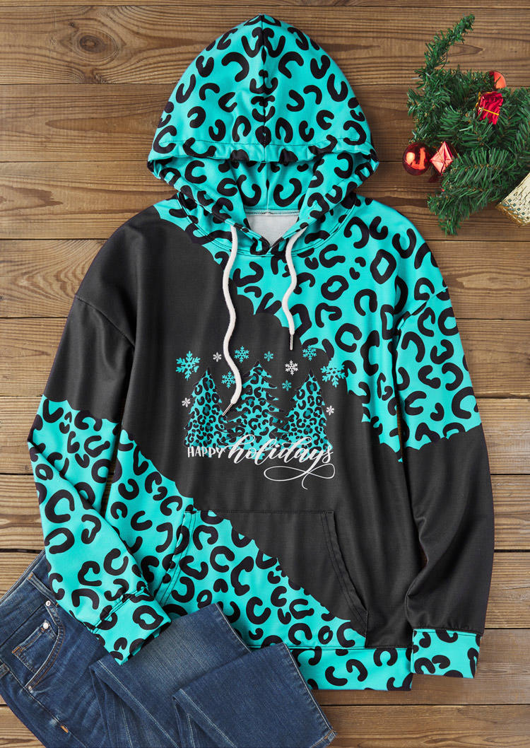 

Hoodies Christmas Happy Holidays Leopard Kangaroo Pocket Hoodie in Black. Size: L,M,,XL