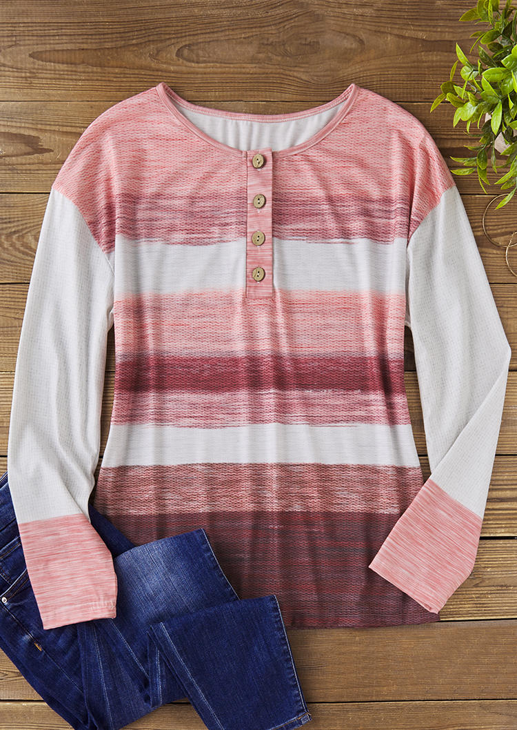 

Blouses Color Block Button Long Sleeve Blouse in Pink. Size: L