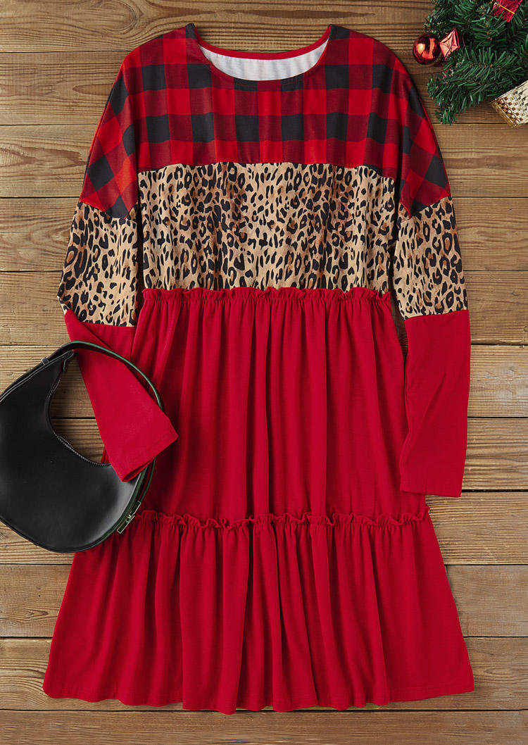 

Mini Dresses Plaid Leopard Ruffled Long Sleeve Mini Dress - Burgundy in Red. Size: L,M