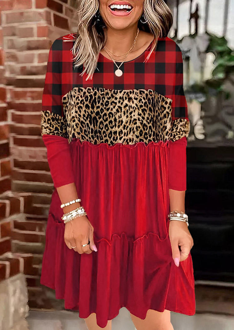 Plaid Leopard Ruffled Long Sleeve Mini Dress - Burgundy