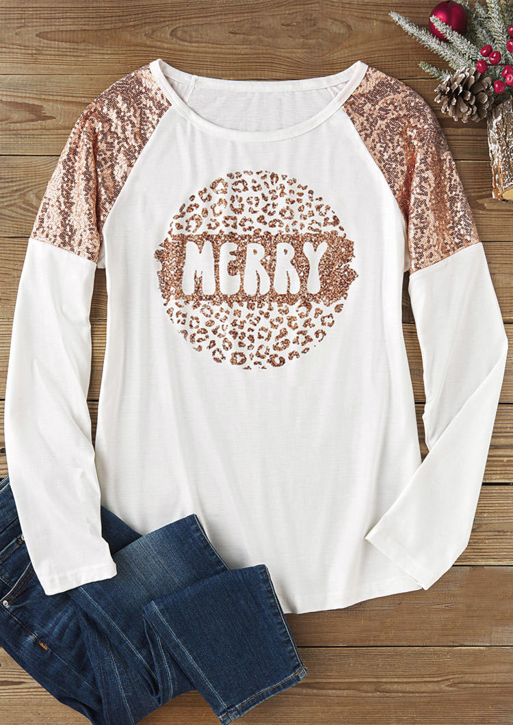 

Blouses Merry Christmas Sequined Long Sleeve Blouse in White. Size: L,M,,XL