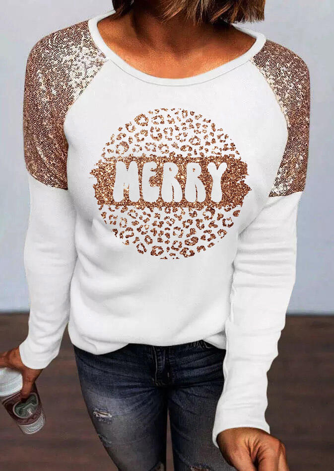 Merry Christmas Sequined Long Sleeve Blouse - White
