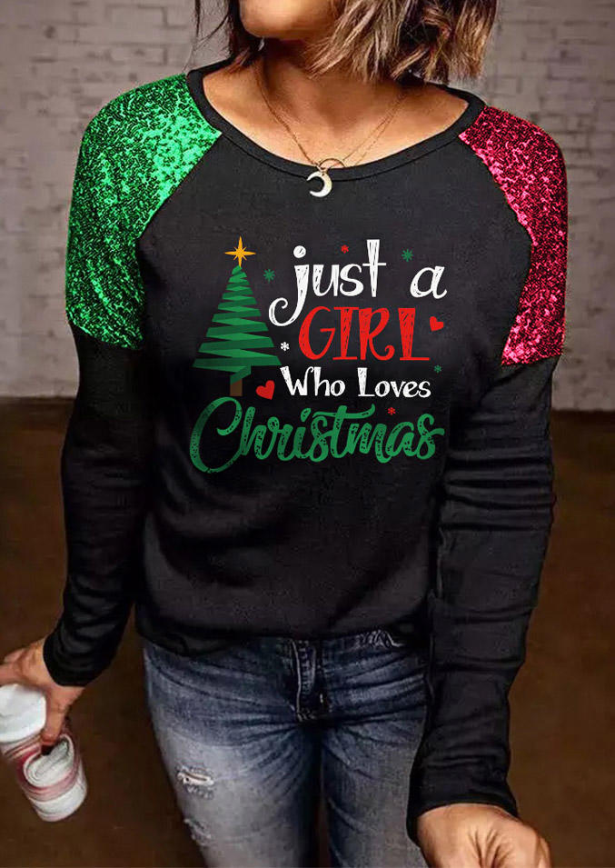 Just A Girl Who Loves Christmas Tree Sequined Blouse - Black