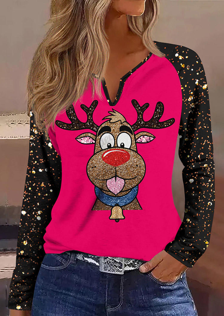 Christmas Retro Reindeer Sparkly Glitter T-Shirt Tee - Rose Red
