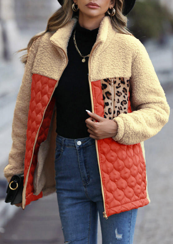 Color-Blocked Leopard Pocket Fluffy Faux Fur Coat - Brick Red