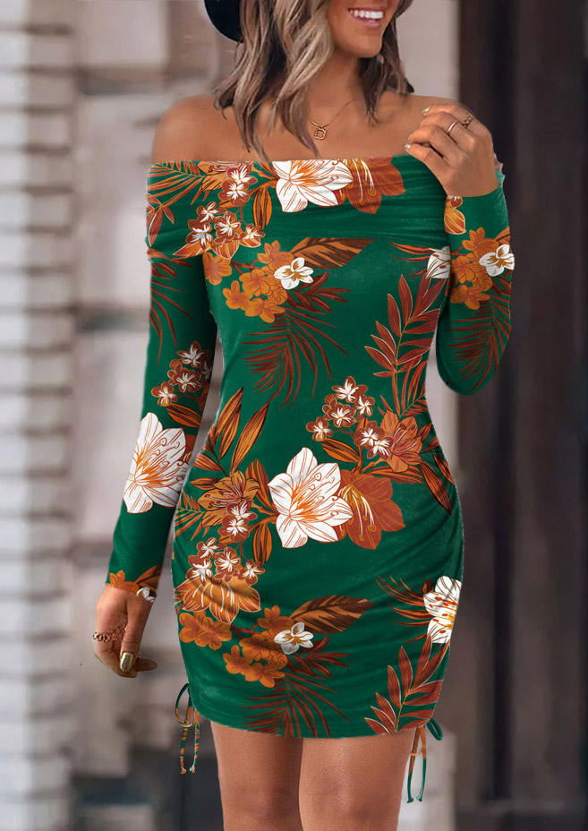 Floral Drawstring Off Shoulder Bodycon Dress