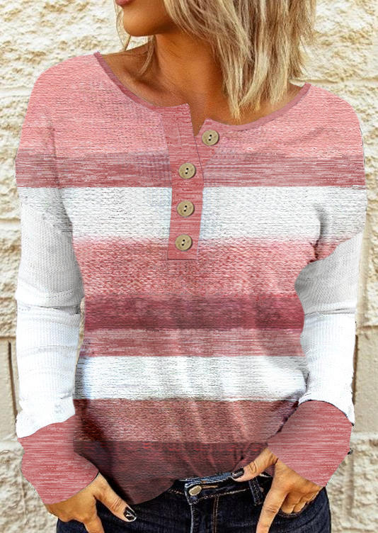 Color Block Button Long Sleeve Blouse - Pink