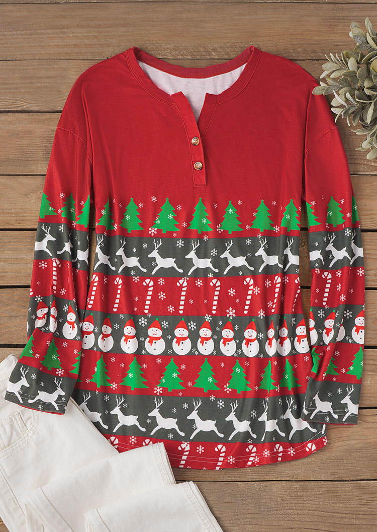 

Blouses Christmas Snowman Reindeer Tree Button Blouse in Red. Size: L,M,,XL