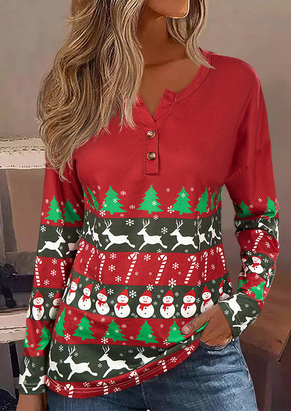 Christmas Snowman Reindeer Tree Button Blouse - Red