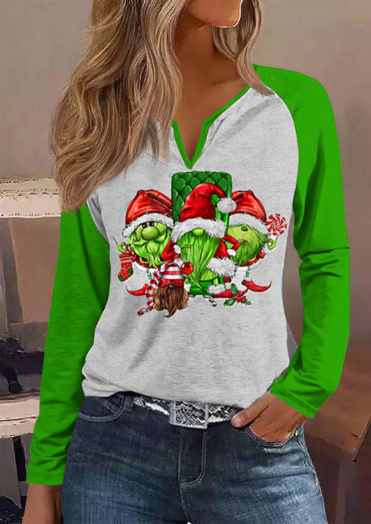 Christmas Gnomies Notched Neck Blouse - Green
