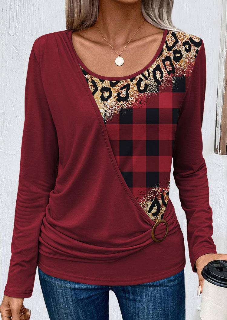 

Blouses Leopard Plaid Wrap Long Sleeve Blouse - Burgundy in Red. Size: L,M,,XL