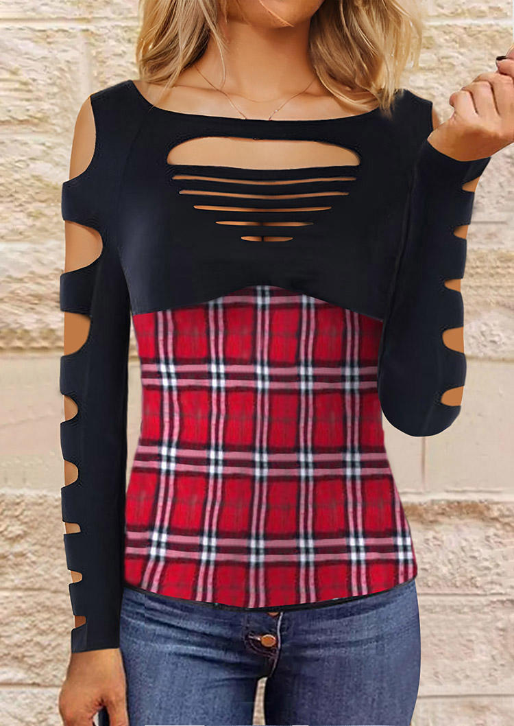 

Blouses Plaid Cut Out Hollow Out Blouse in Multicolor. Size: L,M,,XL