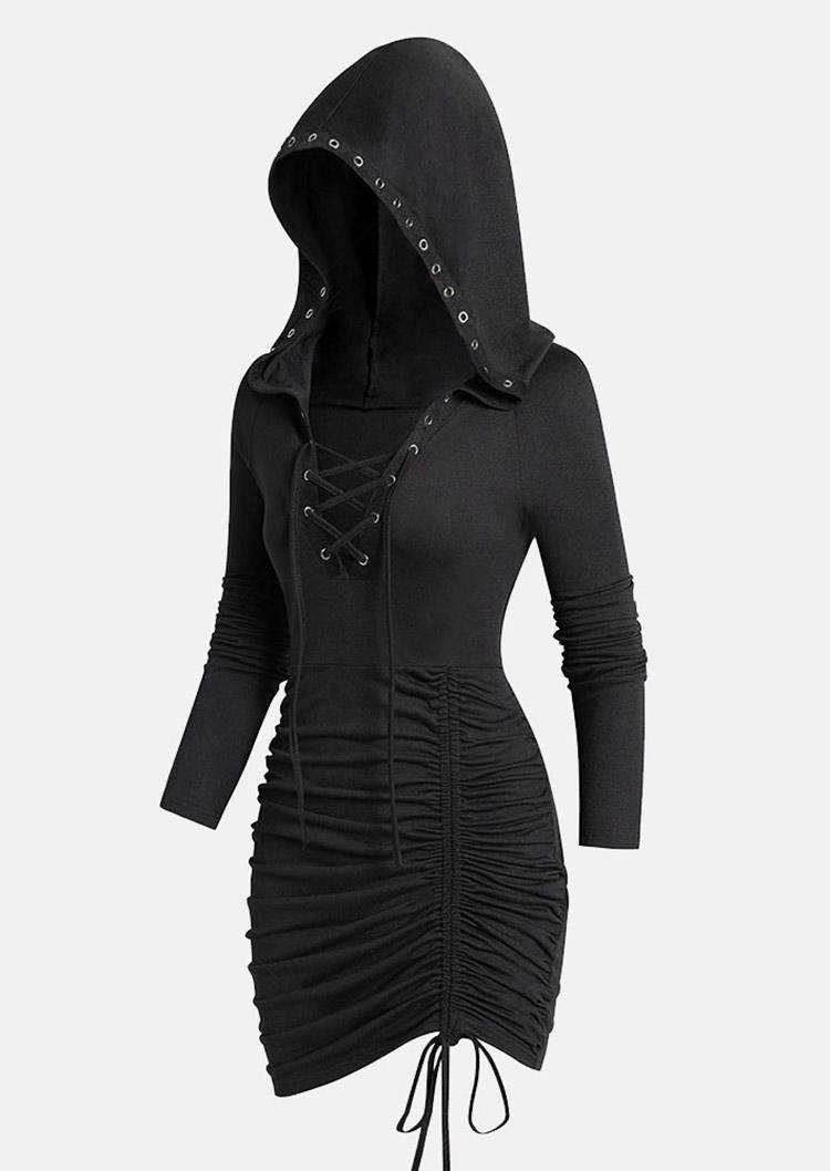 

Bodycon Dresses Drawstring Lace Up Eyelet Hooded Bodycon Dress in Black. Size: L,M,,XL