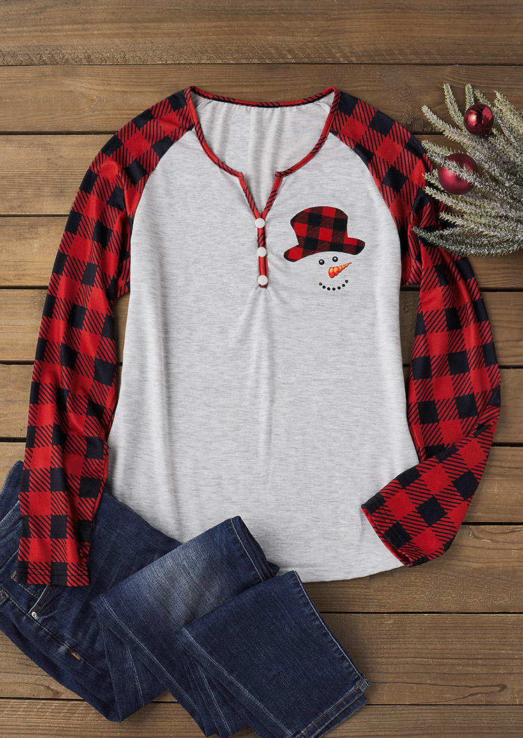 

Blouses Christmas Snowman Buffalo Plaid Raglan Sleeve Blouse in Multicolor. Size