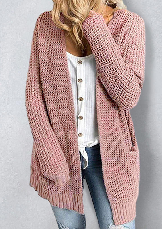Pocket Knitted Long Sleeve Cardigan - Pink