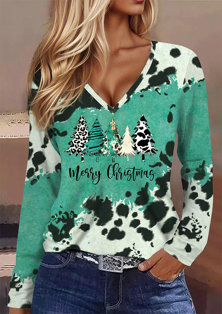 Merry Christmas Tree Cow V-Neck Blouse - Cyan