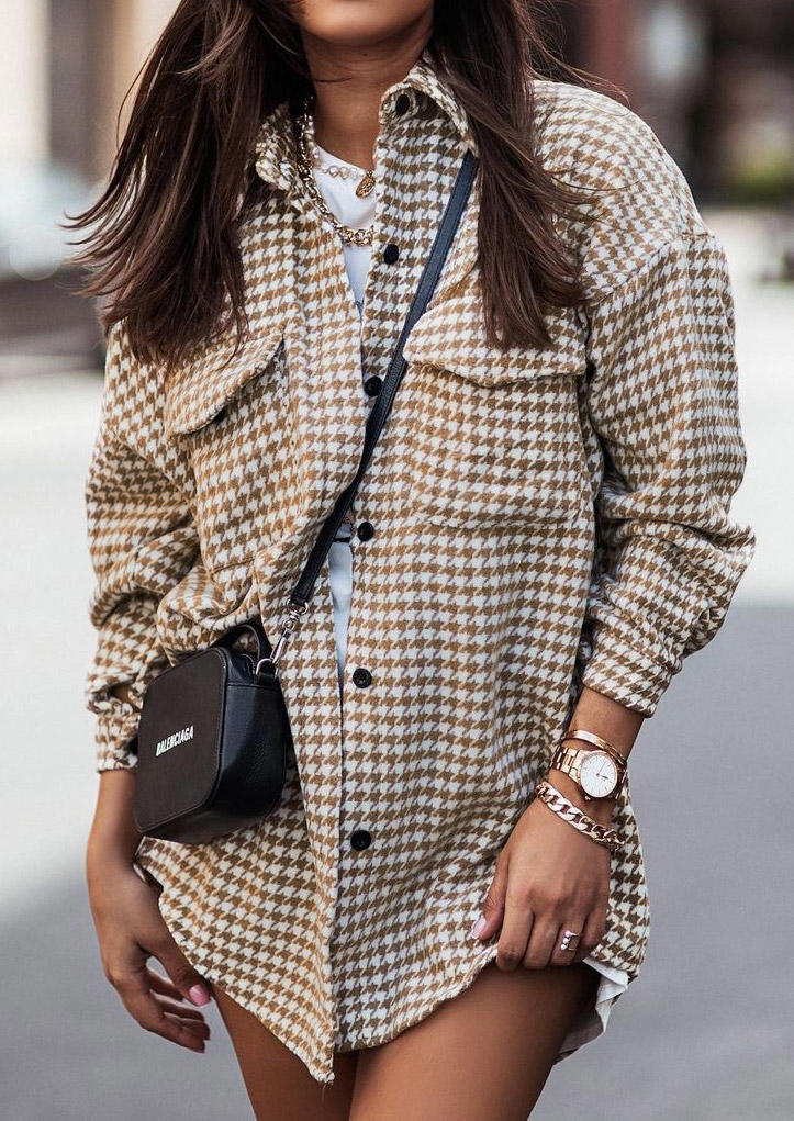 Houndstooth Pockets Button Shirt Jacket - Khaki