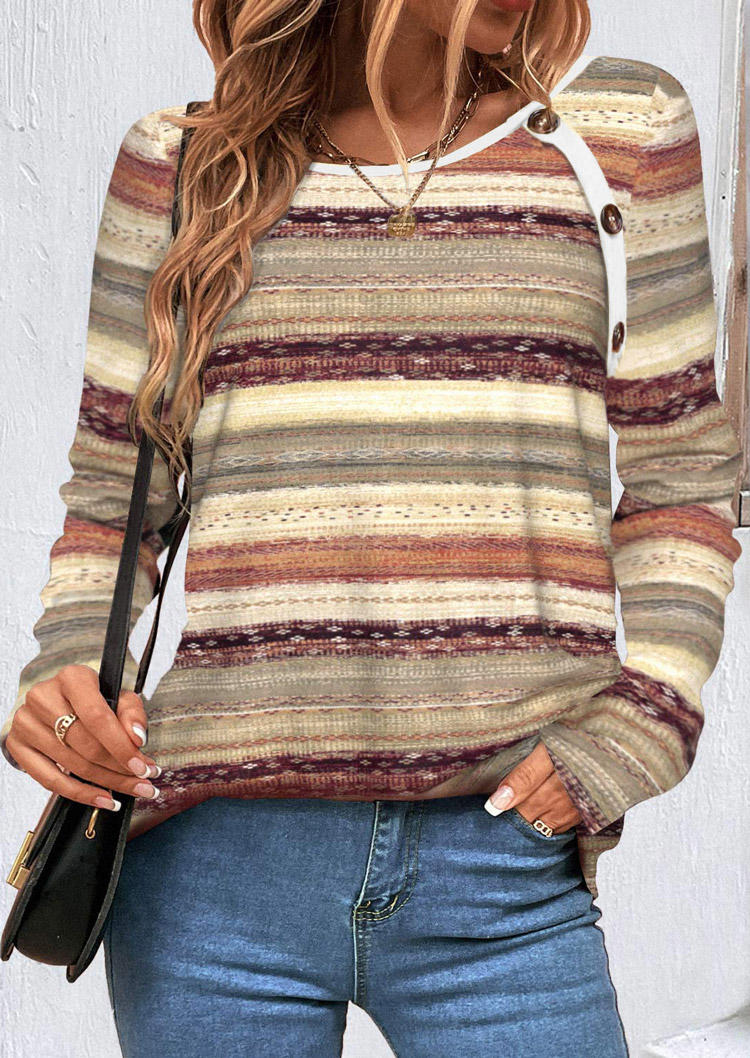 

Blouses Striped Geometric Button Long Sleeve Blouse in Multicolor. Size: L,M,,XL