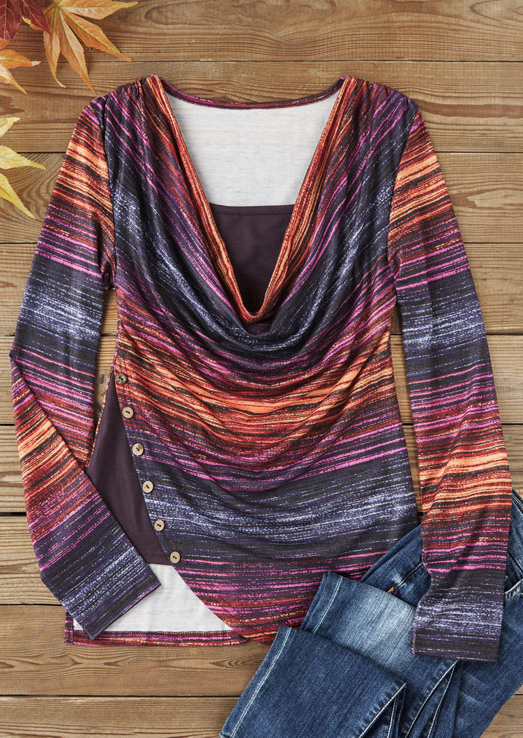 

Blouses Serape Striped Button Fake Two-Piece Blouse in Multicolor. Size: ,XL