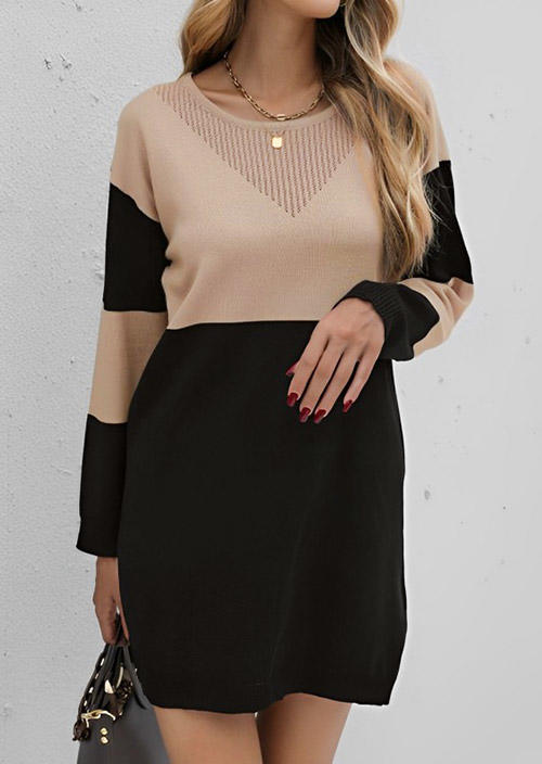 

Sweater Dresses Color-Blocked Hollow Out Long Sleeve Sweater Dress in Khaki. Size: M