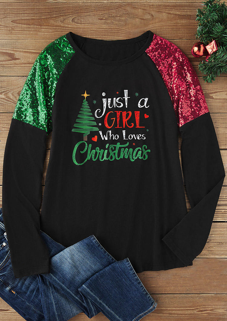 

Blouses Just A Girl Who Loves Christmas Tree Sequined Blouse in Black. Size: L,M