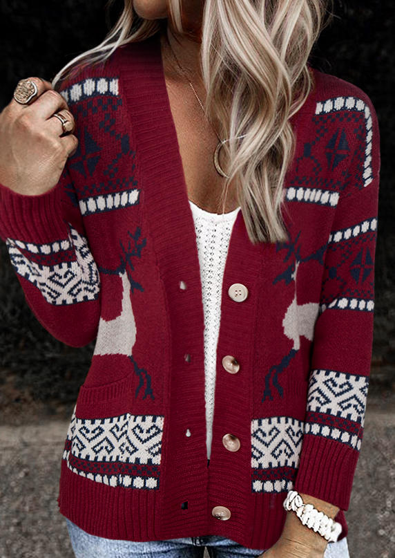 

Sweaters Christmas Reindeer Button Cardigan Sweater in Red. Size: L,M