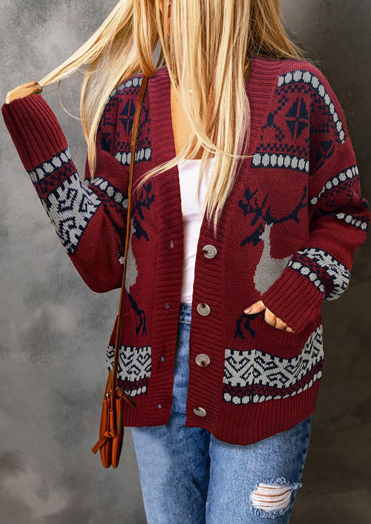 Christmas Reindeer Button Cardigan Sweater - Red