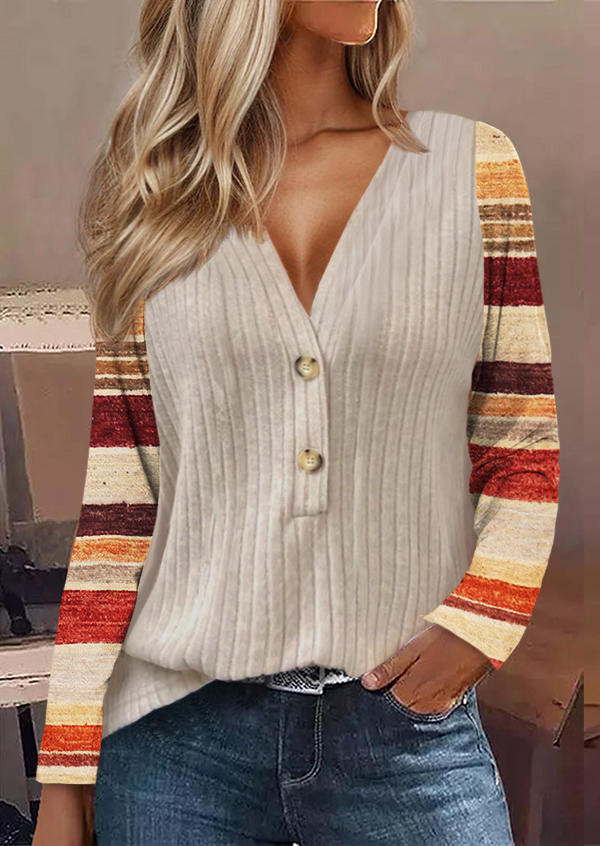 Color-Blocked Ribbed Button V-Neck Blouse - Apricot