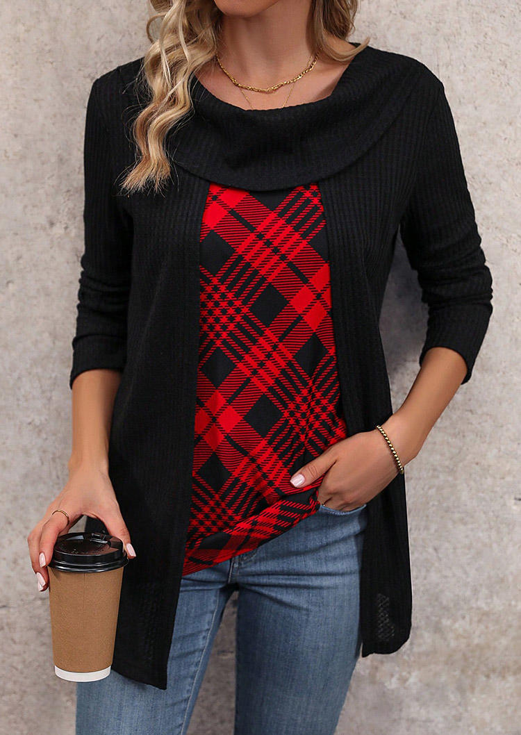 

Blouses Plaid Ribbed Asymmetrical Hem Blouse in Black. Size: L,M,,XL