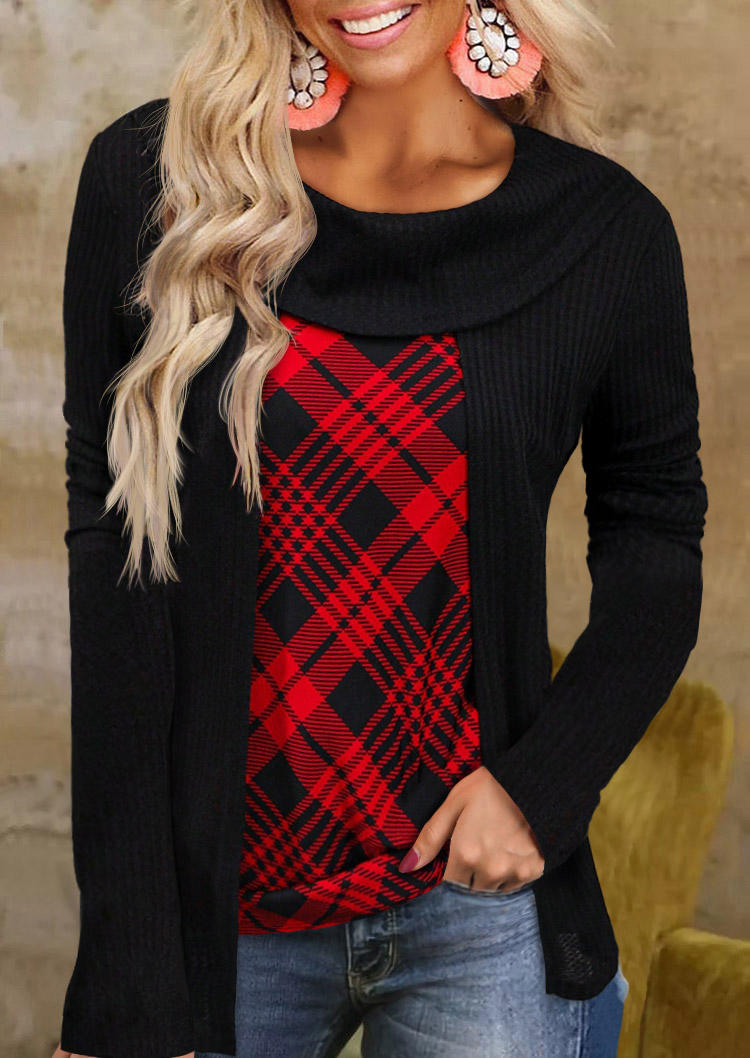 Plaid Ribbed Asymmetrical Hem Blouse - Black