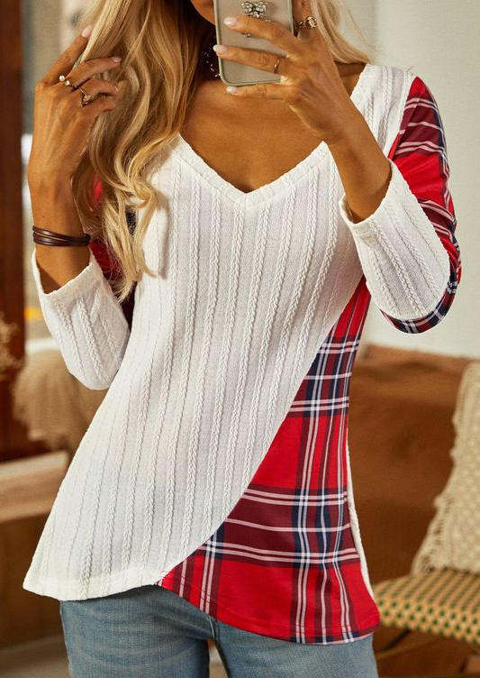 

Blouses Plaid Color-Blocked Texture V-Neck Blouse in White. Size: L,M,,XL