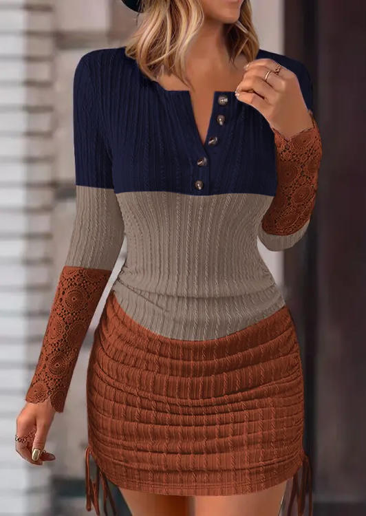 

Bodycon Dresses Color-Blocked Lace Stitching Textured Button Bodycon Dress in Multicolor. Size: L,M,,XL