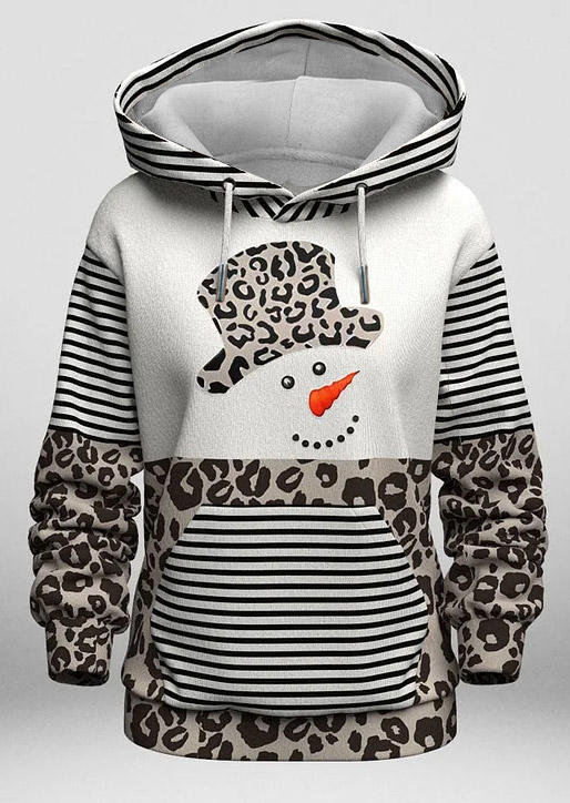 

Hoodies Christmas Snowman Striped Leopard Kangaroo Pocket Hoodie in Multicolor. Size: L,M,,XL
