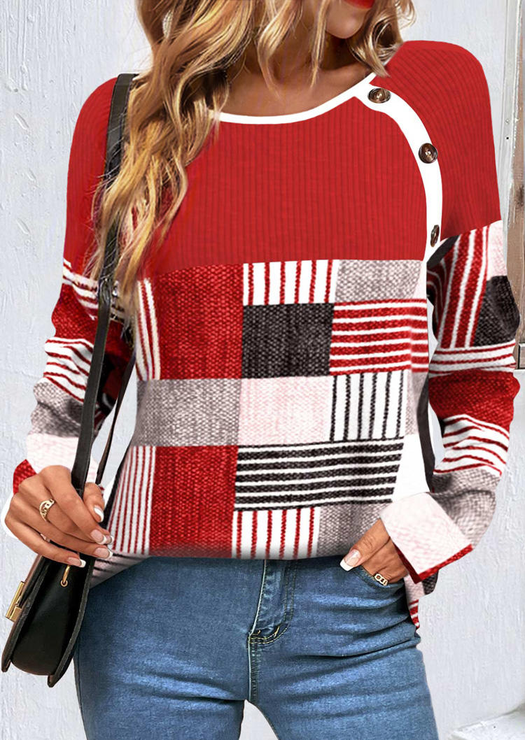 

Blouses Geometric Striped Plaid Button Blouse in Red. Size: L,M,,XL