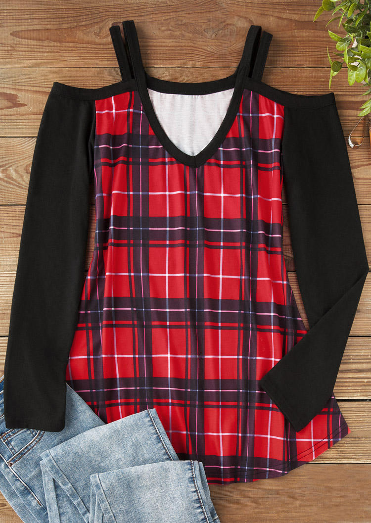 

Blouses Plaid Cold Shoulder V-Neck Blouse in Multicolor. Size: L,M,,XL