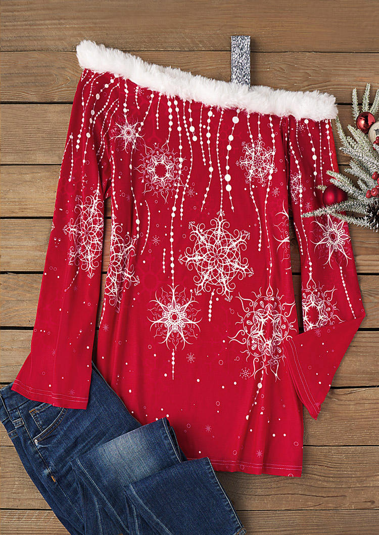 

Blouses Christmas Snowflake Plush Glitter One Sided Cold Shoulder Blouse in Red. Size: L