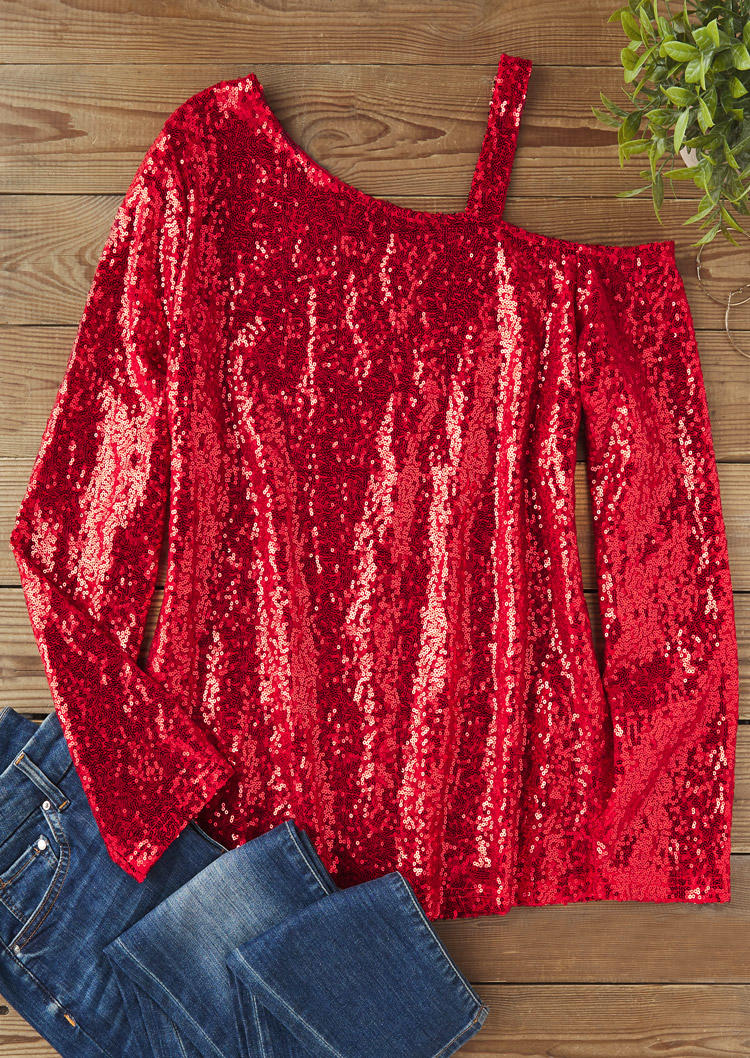 

Blouses Sequined One Sided Cold Shoulder Blouse in Red. Size: M