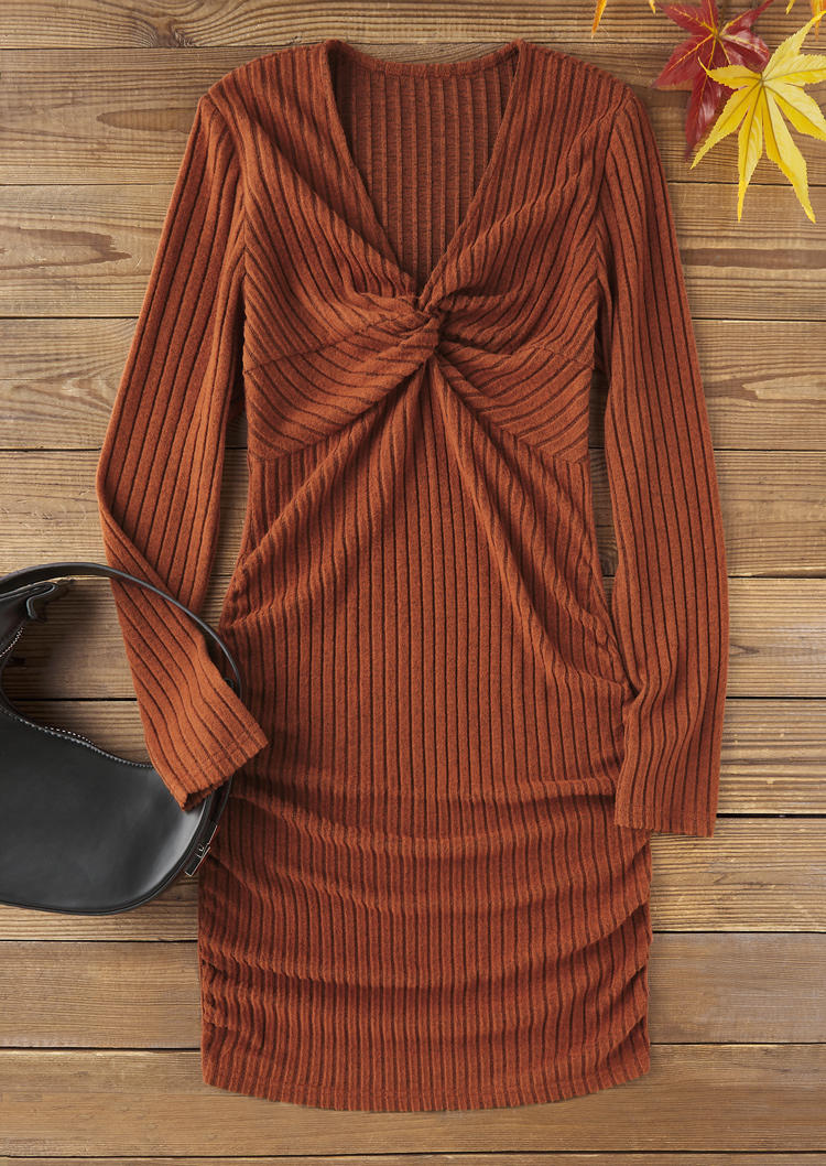 

Bodycon Dresses Twist Ribbed Long Sleeve Bodycon Dress in Brown. Size: L,M,,XL