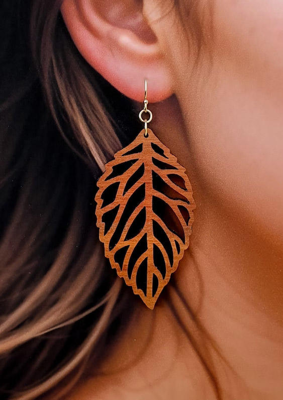 

Earrings Leaf Hollow Out Wooden Earrings in Brown. Size