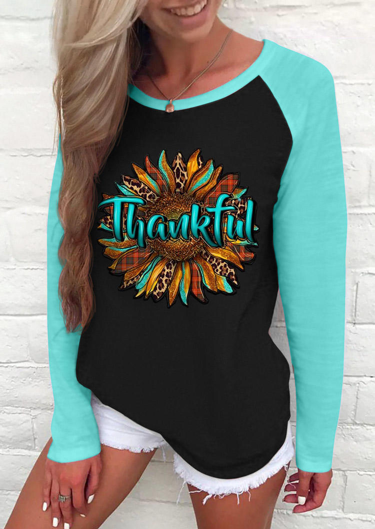 Thanksgiving Thankful Sunflower Raglan Sleeve T-Shirt Tee - Cyan