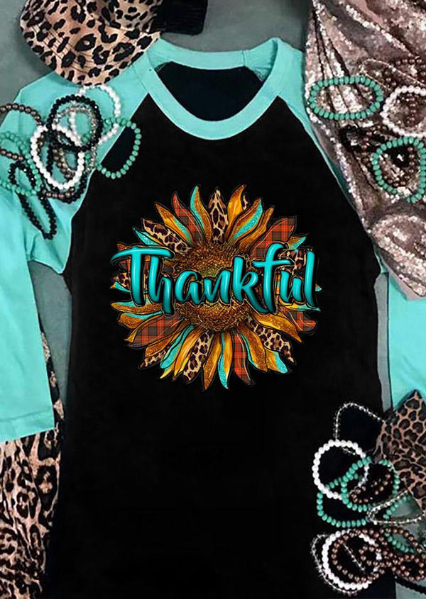 

T-shirts Tees Thanksgiving Thankful Sunflower Raglan Sleeve T-Shirt Tee - Cyan in Blue. Size: L,M,,XL