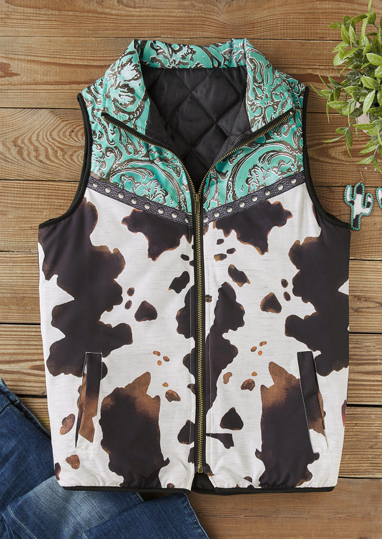 

Coats Cow Abstract Graphic Zipper Pocket Warm Vest Coat in Multicolor. Size