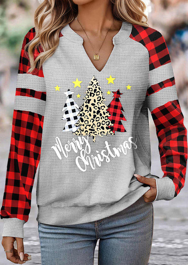 

Sweatshirts Merry Christmas Tree Plaid Leopard Waffle Sweatshirt in Multicolor. Size: L,M,,XL